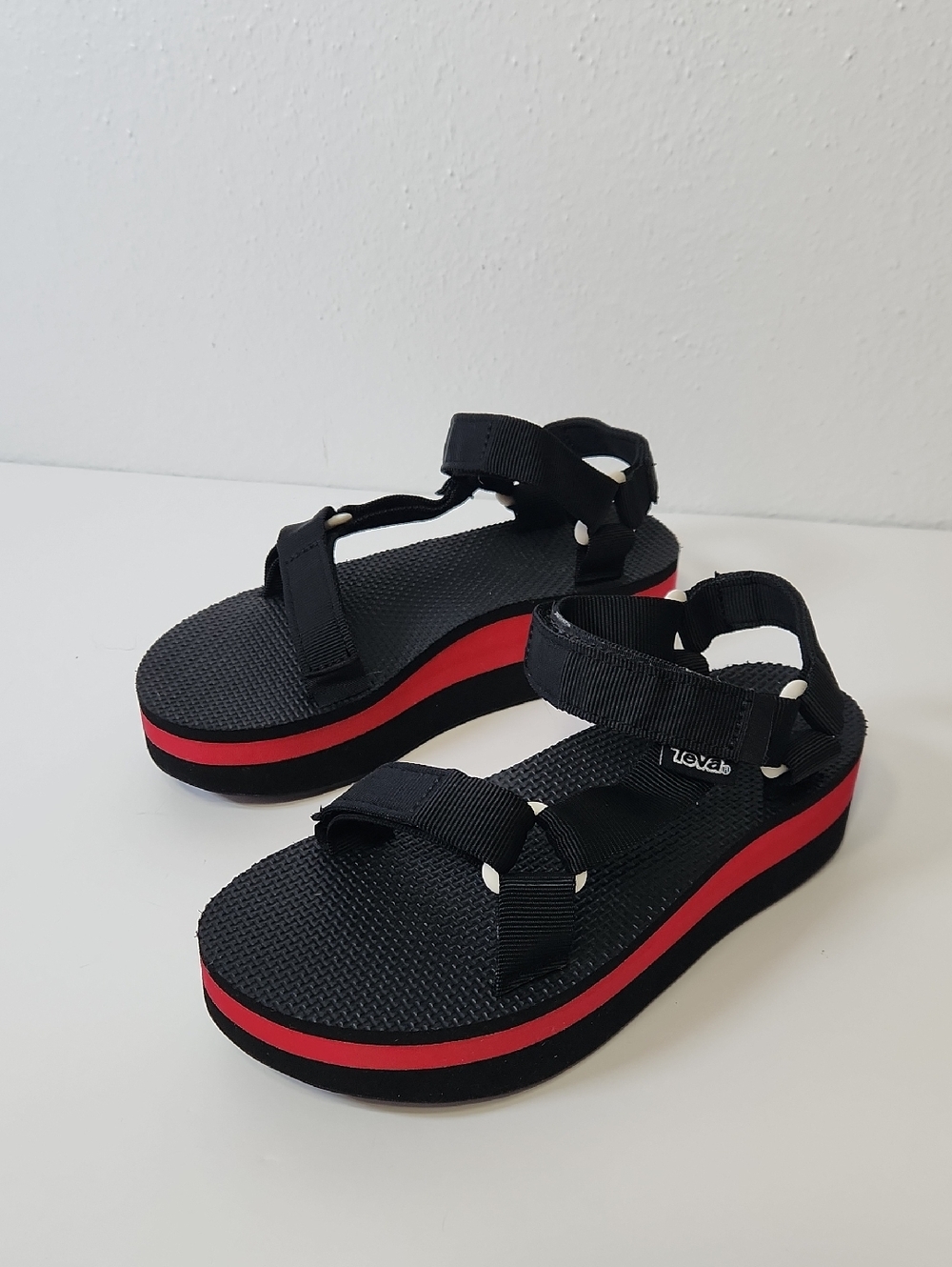 Teva Black Strappy Platform Sandals with Red Stripe